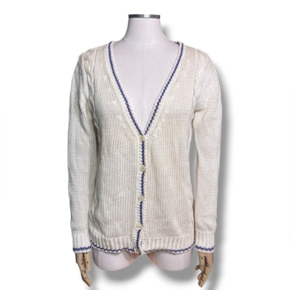 CHRISTIAN DIOR Ivory Knit Linen Blend Cardigan Purple Accent Line VINTAGE - Picture 3 of 10